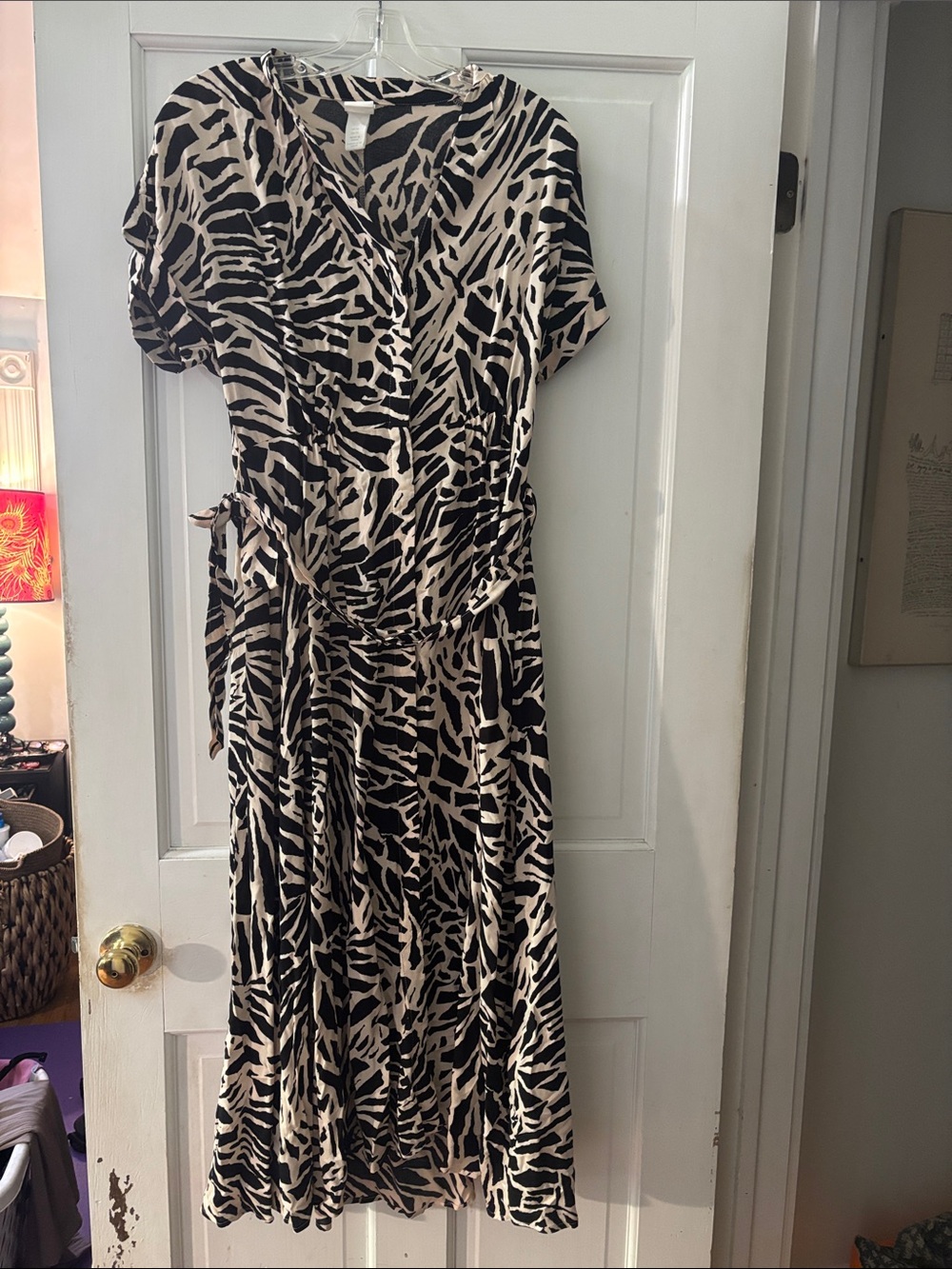 H&M Black and Beige Zebra-Print Wrap Midi Dress